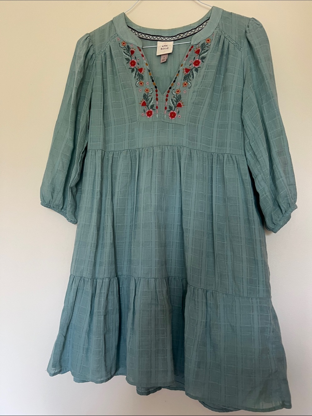 Women’s ' Dusty Teal Embroidered Tiered Dress